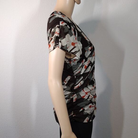 Kenneth Cole Reaction Brown Green Orange Floral Cinched Short Sleeve Sheer Shirt - Picture 3 of 12